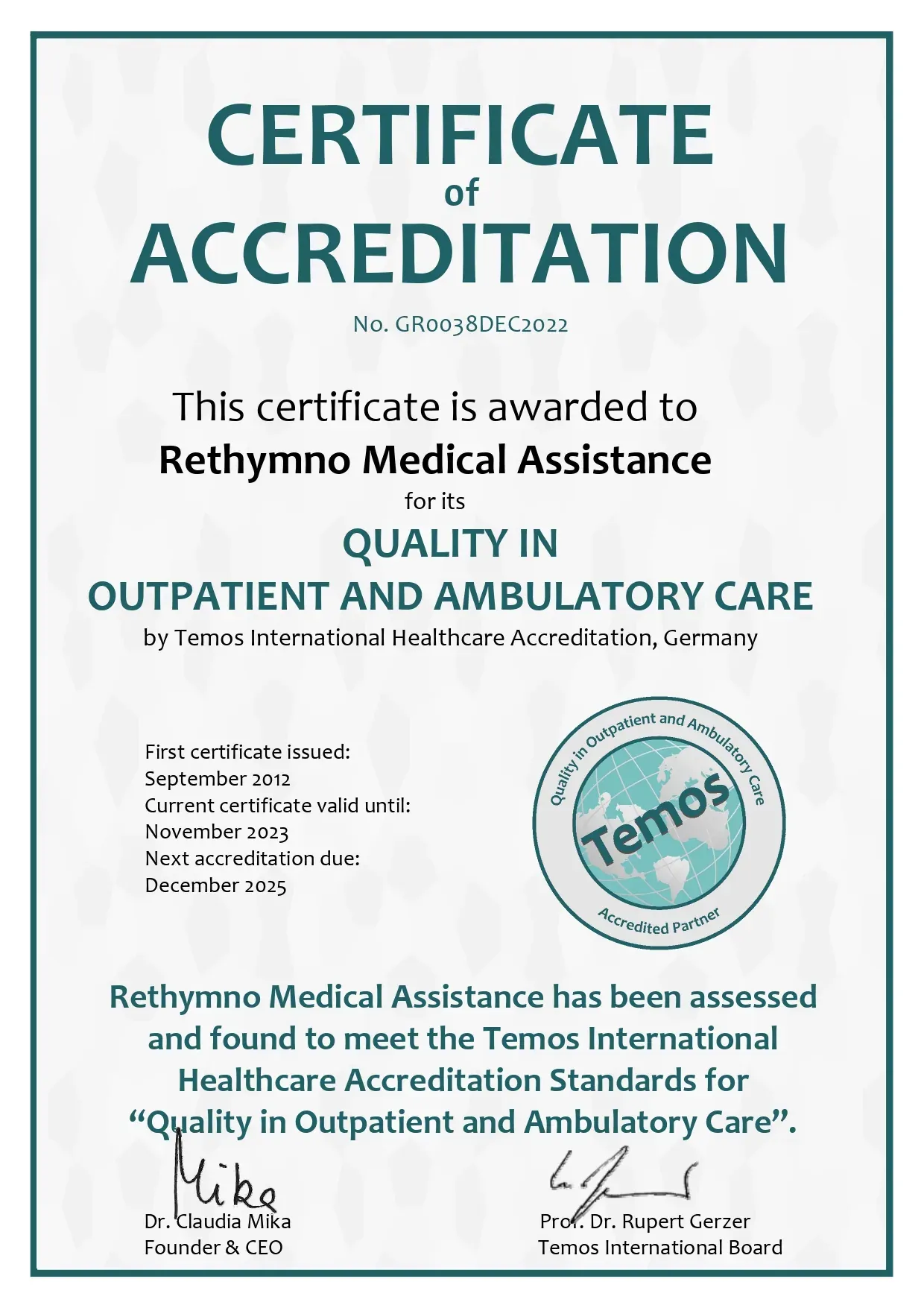 TEMOS certificate — Quality in International Patient Care, Rethymno Medical Assistance